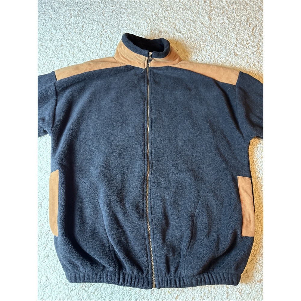 Polar Graphics Sedona Black Fleece Jacket L Made in USA Full Zip Suede Trim VTG‎